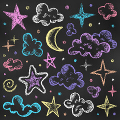 Wall Mural - Set of Design Elements Stars, Moon, Clouds of Different Colors Isolated on Chalkboard Backdrop. Realistic Chalk Hand-Drawn Sketch.