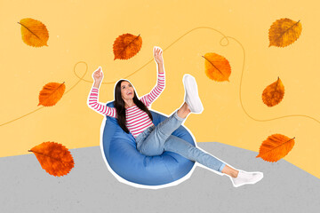 Poster - Collage 3d image of pinup pop retro sketch of funny funky attractive happy woman sit outdoors soft beanbag autumn golden falling leaves