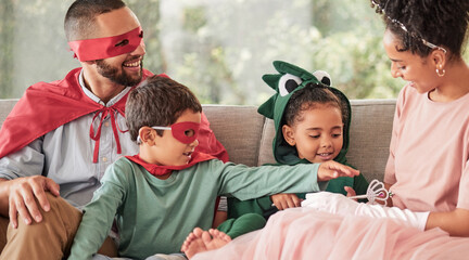 Canvas Print - Family, children and halloween with kids and parents in costume while sitting on a sofa in the living room of their home. Love, imagination and celebration with a brother and sister dressing up