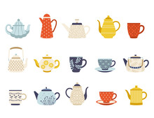 Collection Of Ceramic Cups, Teapots And Kettles. Decorative Kitchen Tools, Household Utensils
