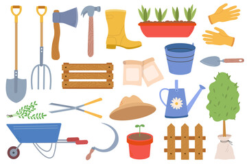 Wall Mural - Gardening tools and plants set. Rubber boots, seedling, gardening can and cutter. Fertilizer, glove