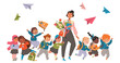 Young Teacher with First Graders with Backpack Walking to School Vector Illustration