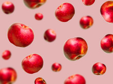 Flying Levitating Floating Red Ripe Fresh Juicy Apples In Air On Red,pink Background. Levity Summer Fruits. Trendy, Minimal,creative Food.healthy Nutrition