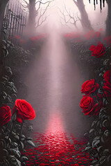 Wall Mural - beautiful and terrifying painting of the reaper's garden with red roses and fog in the foreground - 