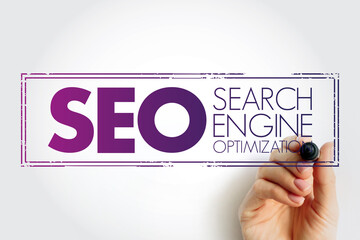 Poster - SEO Search Engine Optimization - process of improving the quality and quantity of website traffic to a website or a web page from search engines, acronym text stamp