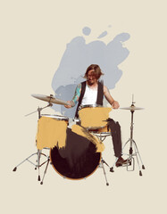 Contemporary art collage. Young man playing drums, performing lively. Expression of feelings. Pastel art