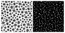 Monochrome Set Of Flowers And Dots Seamless Repeat Pattern. Cute, Little Ditsy Daisies And Spotted All Over Surface Print On White And Black Backgrounds.