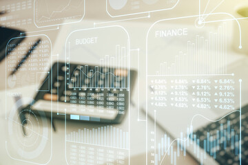 Poster - Multi exposure of abstract statistics data hologram interface on calculator and pc background, computing and analytics concept