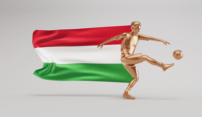 Wall Mural - Golden soccer football player kicking a ball with hungary waving flag. 3D Rendering