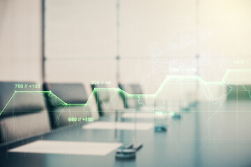 Poster - Multi exposure of abstract virtual graphic data spreadsheet sketch on a modern furnished classroom background, analytics and analysis concept