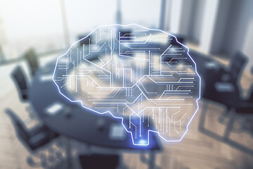 Poster - Double exposure of creative human brain microcircuit hologram on a modern boardroom background. Future technology and AI concept