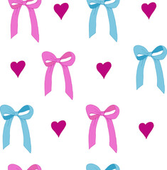 Wall Mural - Pink and blue bows and hearts seamless pattern on white background. Hand drawn elements for print and design