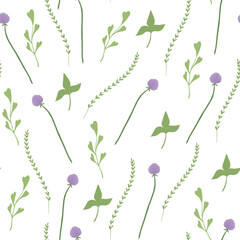 Wall Mural - Purple flower with green branches and leaves minimalistic seamless pattern. Hand drawn floral elements for design and print