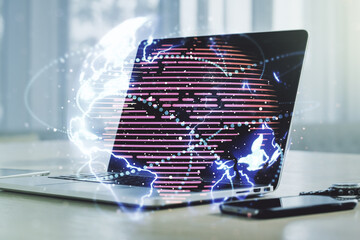 Poster - Double exposure of abstract digital world map with connections on computer background, big data and blockchain concept