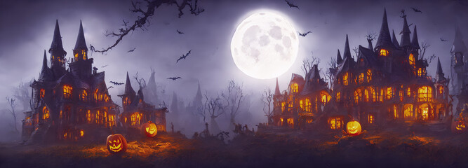 Halloween background. Witch hut. Banner size. Longer Horizontal Position. website header. 3d illustration