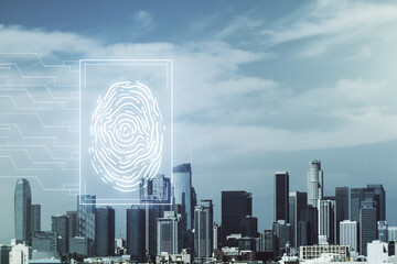 Poster - Abstract virtual fingerprint hologram on Los Angeles skyline background. Multiexposure