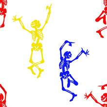 Seamless Pattern Of Funny Skeletons Dancing. Day Of Dead, Halloween Concept Vector Illustration. Halloween Header Or Banner. Wallpaper Or Backdrop Decor
