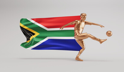 Wall Mural - Golden soccer football player kicking a ball with south africa waving flag. 3D Rendering