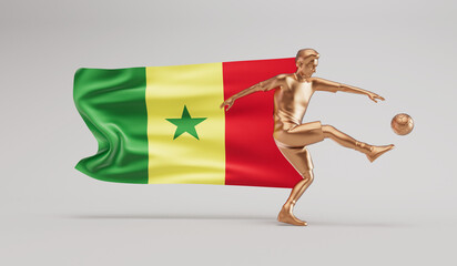 Wall Mural - Golden soccer football player kicking a ball with senegal waving flag. 3D Rendering