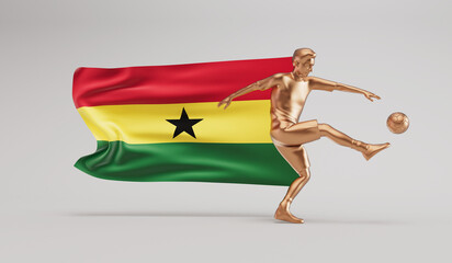 Wall Mural - Golden soccer football player kicking a ball with ghana waving flag. 3D Rendering