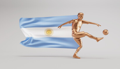 Wall Mural - Golden soccer football player kicking a ball with argentina waving flag. 3D Rendering