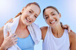 Healthy, exercise and friends smile after a workout or yoga training outdoor. Portrait of happy women enjoy cardio and fitness, excited and active for health and wellness with a blue sky background