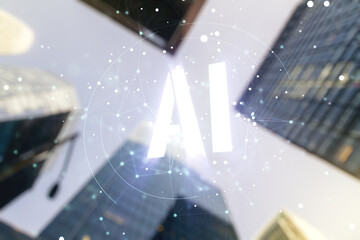 Poster - Abstract virtual artificial Intelligence symbol hologram on office buildings background. Multiexposure