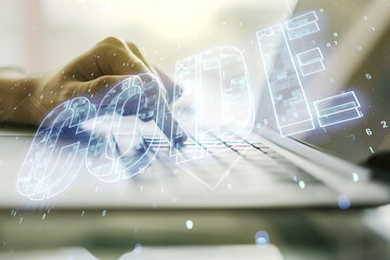 Poster - Creative Code word hologram and hands typing on computer keyboard on background, artificial intelligence and neural networks concept. Multiexposure