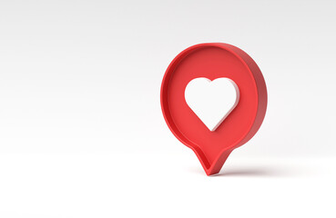Poster - 3D rendering, 3D illustration. Love, like social media notification icon. Heart inside of a red pin on white background. Minimal concept