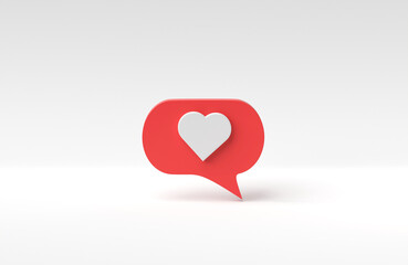 Poster - 3D rendering, 3D illustration. Love, like social media notification icon. Heart inside of a red pin on white background. Minimal concept
