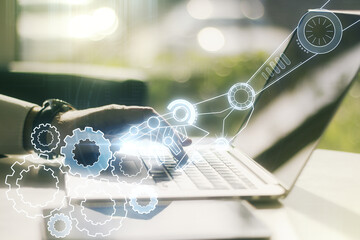 Aufkleber - Creative concept of robotics technology and hands typing on laptop on background. Robot development and automation concept. Multiexposure