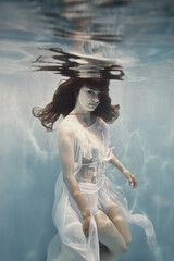 Wall Mural - A girl with dark hair in a white dress swims underwater as if in weightlessness