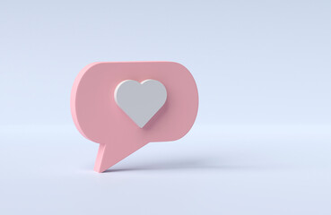 Poster - 3D rendering, 3D illustration. Love, like social media notification icon. Heart inside of pin on light blue background. Minimal concept