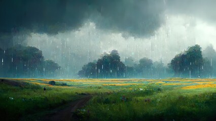 Naklejka na meble Raining in the forest, 3D illustration, 3D rendering.