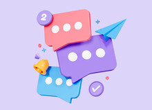 3D Speech Bubble Messages. Social Media Communication Concept. Bell Notification. Chat Box In Social Network And Messenger. Cartoon Creative Design Icon Isolated On Purple Background. 3D Rendering