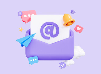 Poster - 3d email letter in envelope. online communication by mail. newsletter concept with bell notification