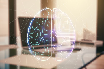 Aufkleber - Creative artificial Intelligence concept with human brain hologram on modern laptop background. Multiexposure