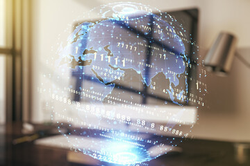 Poster - Multi exposure of abstract programming language hologram with world map on computer background, artificial intelligence and neural networks concept