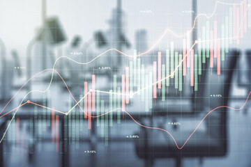 Poster - Abstract virtual financial graph hologram on a modern furnished office background, forex and investment concept. Multiexposure