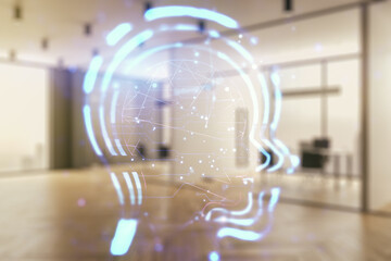 Aufkleber - Abstract virtual artificial Intelligence interface with human head hologram on a modern furnished office background. Multiexposure