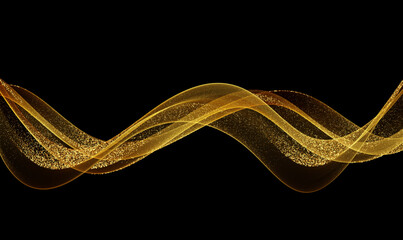 Wall Mural - abstract shiny element, transparent golden wave with glitter effect on black background.