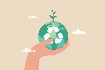 Sustainability, ecology or renewable energy to save the world from climate change or global warming, environmental safe or recycle concept, hand holding sustainable green world with recycle symbol.