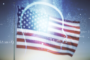 Poster - Abstract virtual artificial Intelligence interface with human head hologram on USA flag and sunset sky background. Multiexposure