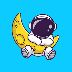 Wall Mural - cute astronaut with sickle moon cartoon vector icon illustration. science technology icon concept is
