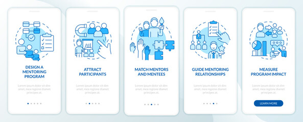 Aspects of successful coaching blue onboarding mobile app screen. Walkthrough 5 steps editable graphic instructions with linear concepts. UI, UX, GUI template. Myriad Pro-Bold, Regular fonts used