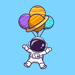 cute astronaut floating with planet balloon in space cartoon vector icon illustration. technology sc