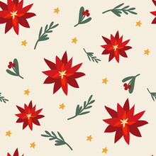 Christmas Vector Seamless Pattern With Red Poinsettia.