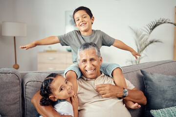 Grandkids, grandpa and play together in living room for love, care and relax in family home. Portrait of happy children, smile senior grandparent and bonding, laughing and enjoying funny quality time