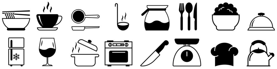 Wall Mural - Kitchen vector icons set. cooking illustration symbol collection. kitchen utensils sign.