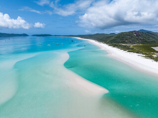 Wall Mural - Beautiful high angle aerial drone view of famous Whitehaven Beach, part of the Whitsunday Islands National Park near the Great Barrier Reef, Queensland, Australia. Popular tourist destination.